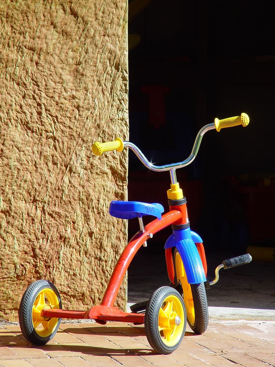 Amarelo, Azul, Triciclo, Criança, vermelho, bicicleta, transporte, ciclo, ao ar livre, andar de bicicleta