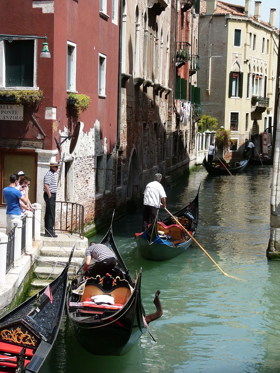 Venecia, canal, gondolero, Italia, canal lateral, grupo de personas, exterior del edificio, agua, arquitectura, estructura construida