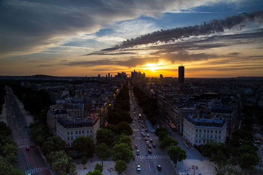 paris, evening, sunset, sunset sky, silhouette, road, city, architecture, building exterior, sky