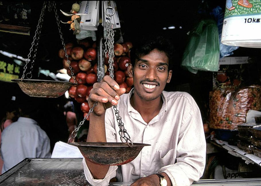 man, wearing, white, top, shopkeeper, seller, person, happy, sri lanka, colombo
