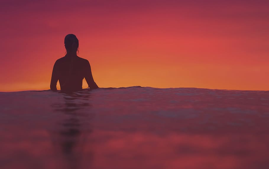 person, submerge, water, silhouette, standing, ocean, sunset, sea, sky, nature