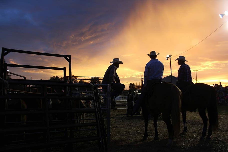 foto de silhueta, dois, montando, cavalo, falando, outro, vaqueiro, sentado, cerca de metal, Pôr do sol