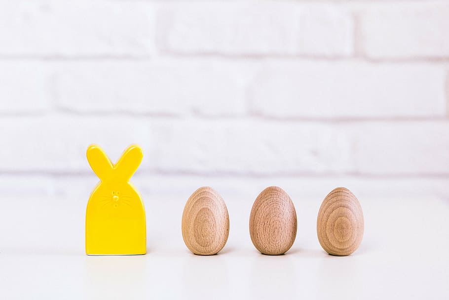 three, brown, egg, white, surface, bunny, toy, eggs, eater, wood - Material