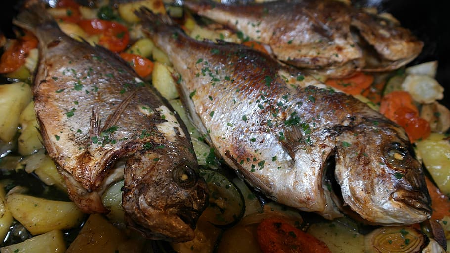 cooked fish, Sea Bream, Vegetables, fish, fish pan, food, dine, eat, healthy, frisch