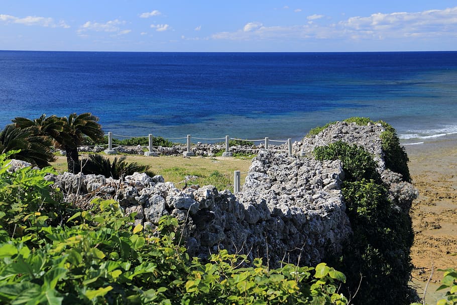 castillo, Okinawa, castillo del distrito de gushikawa, yan 志 川 城 跡, kyan, cielo azul, mar azul, países del sur, mar, ishigaki
