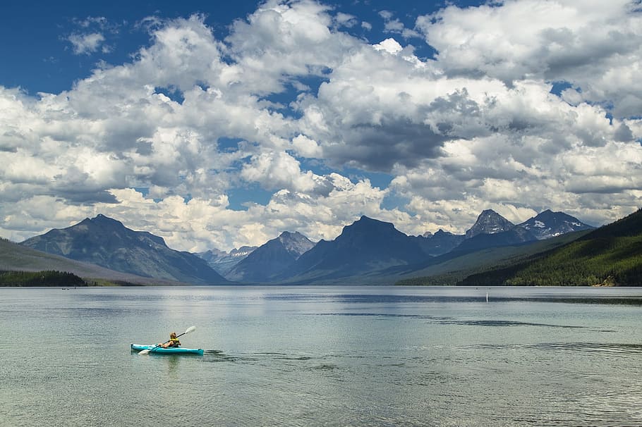 person, kayak, cloudy, sky, lake mcdonald, landscape, kayaking, mountains, boat, skyline