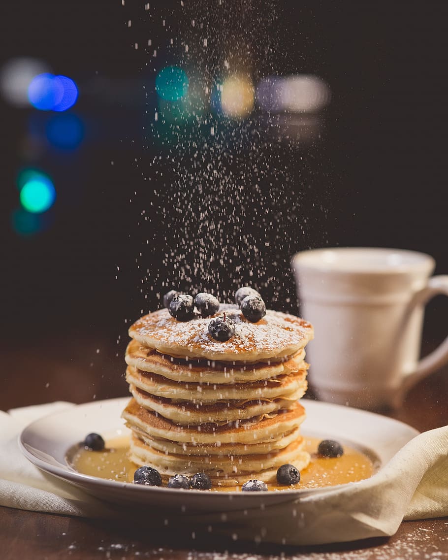 pancakes, sprinkles, white, plate, blueberries, blur, bokeh, breakfast, close-up, coffee