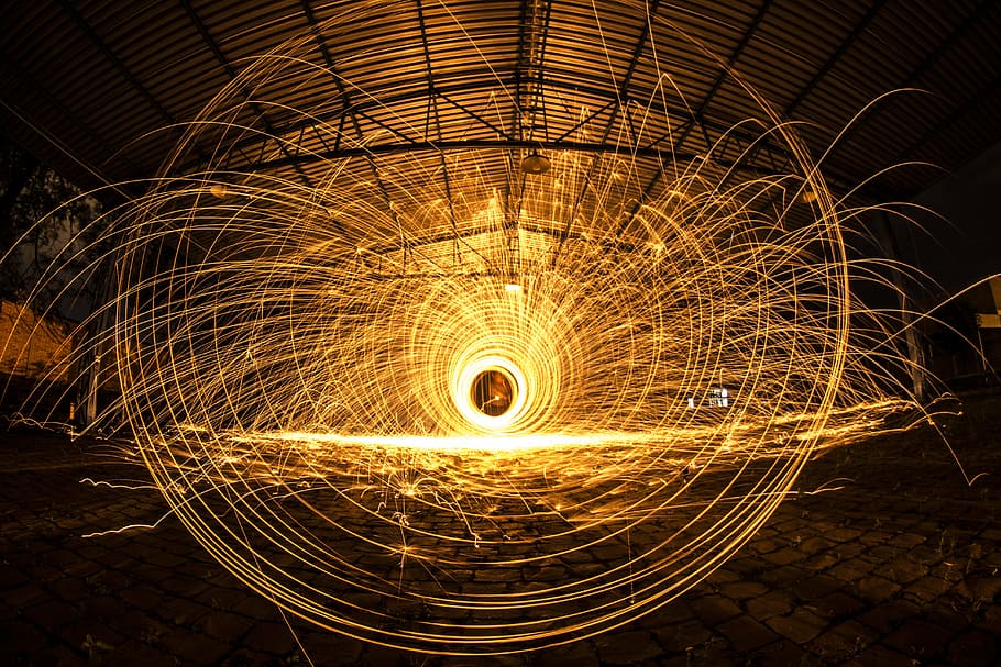 steel wool photography, inside, covered, court, construction, fire, factory, long-exposure, sparks, circle