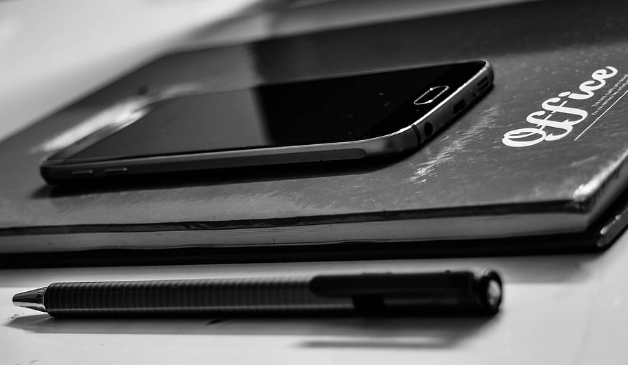 mobile, phone, gadget, notebook, black and white, pen, touchscreen, modern, technology, electronics