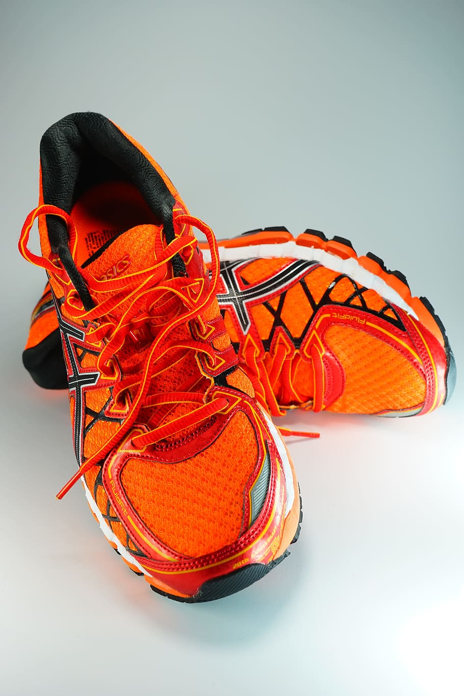 pair, orange-and-white, asics, running, shoes, sneakers, running shoes, sports shoes, run, jog