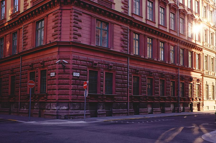 red, wall paint building, road, daytime, building, street, sunset, budapest, architecture, building exterior