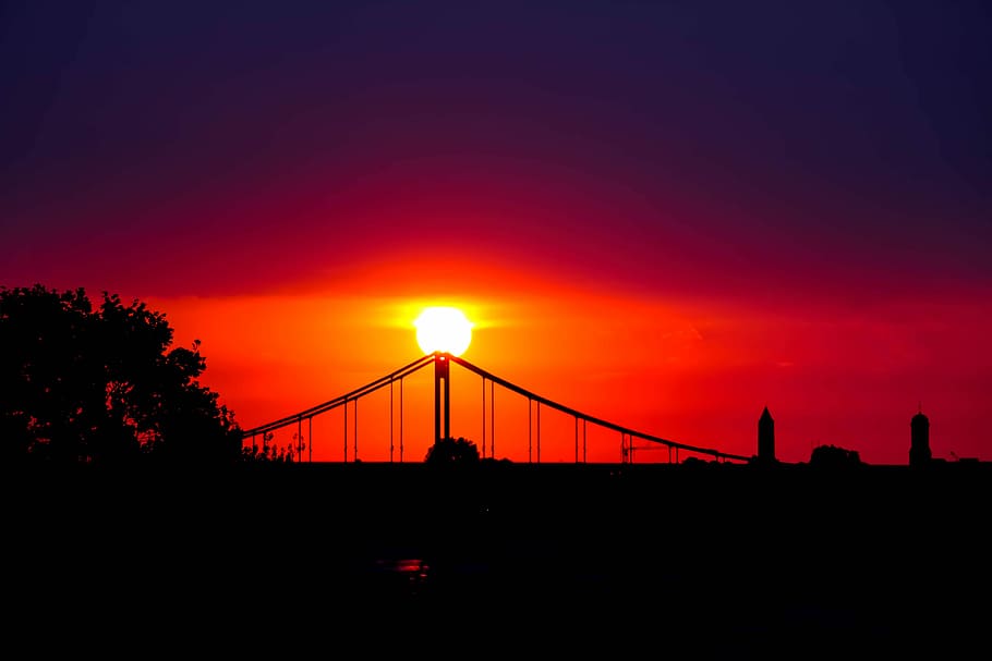 Krefeld, Sunset, Rheinbrücke, puente - estructura hecha por el hombre, puente colgante, arquitectura, conexión, cielo, puente, puesta de sol