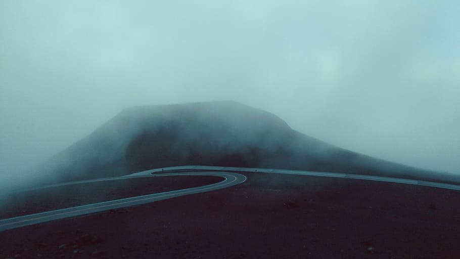 fogs above road, mountain, highland, fog, sky, landscape, nature, valley, road, travel