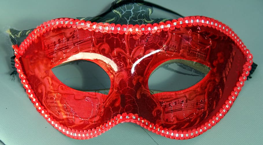 mask, carnival, venice, masquerade, venetian masks, red, indoors, close-up, studio shot, colored background