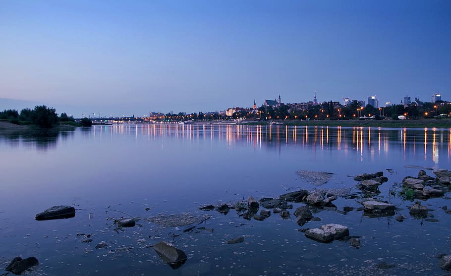 warsaw, wisla, water, river, city, dawn, dark, in the morning, blue, reflection