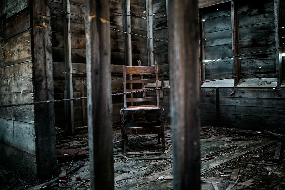 empty, wooden, chair, inside, abandoned, building room, landscape, woods, dark, old