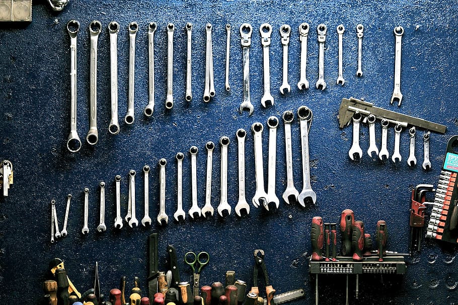 gris, combinación de metales, cerrar, llave inglesa, conjunto, llaves, taller, mecánico, herramientas, equipo