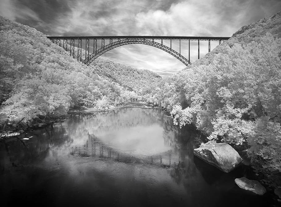 grayscale photography, suspension bridge, new river gorge bridge, arch, black and white, architecture, west virginia, span, landscape, scenic