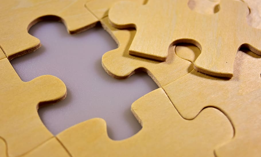 close-up photo, brown, jigsaw puzzle, puzzle, last part, wood, joining together, insert, share, fit