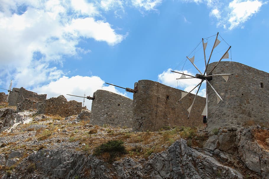 lassithi, crete, mill, plateau, landscape, greece, pierre, sky, cloud - sky, low angle view