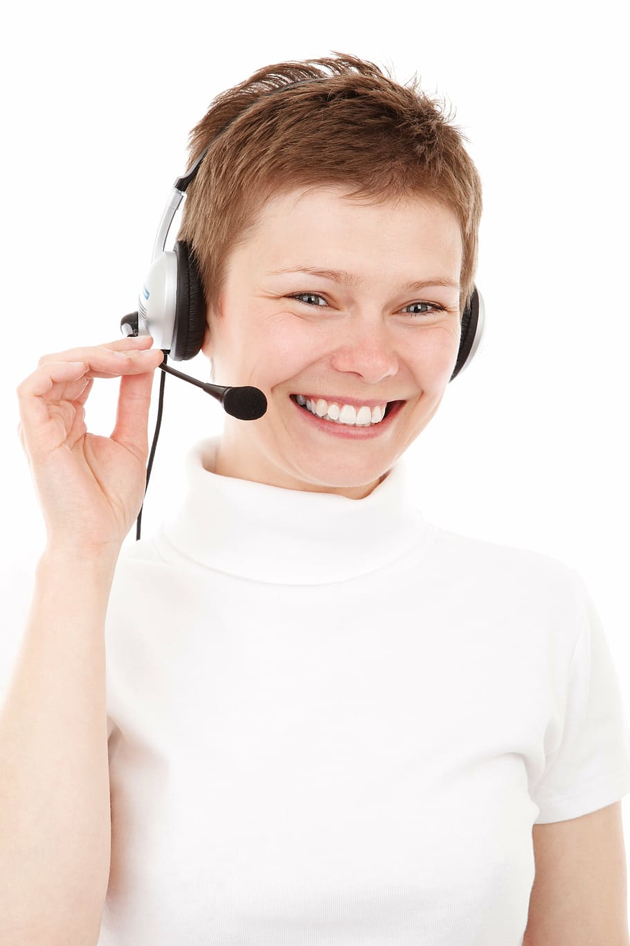 woman, white, turtleneck shirt, wearing, headset, agent, business, call, center, communication