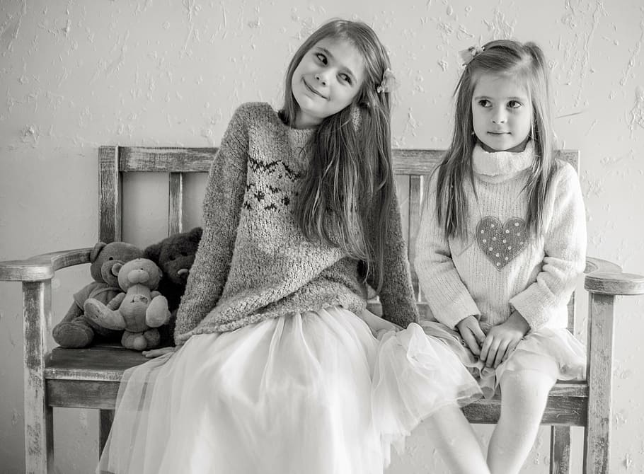 grayscale photo, two, girls, sits, bench chair, teddy, bears, kids, the little girl, baby photo