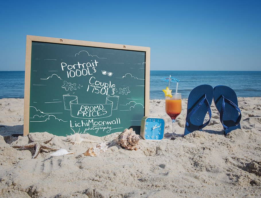 Promo, chalkboard, texts, flip-flops, sand, beach, land, sea, water, text