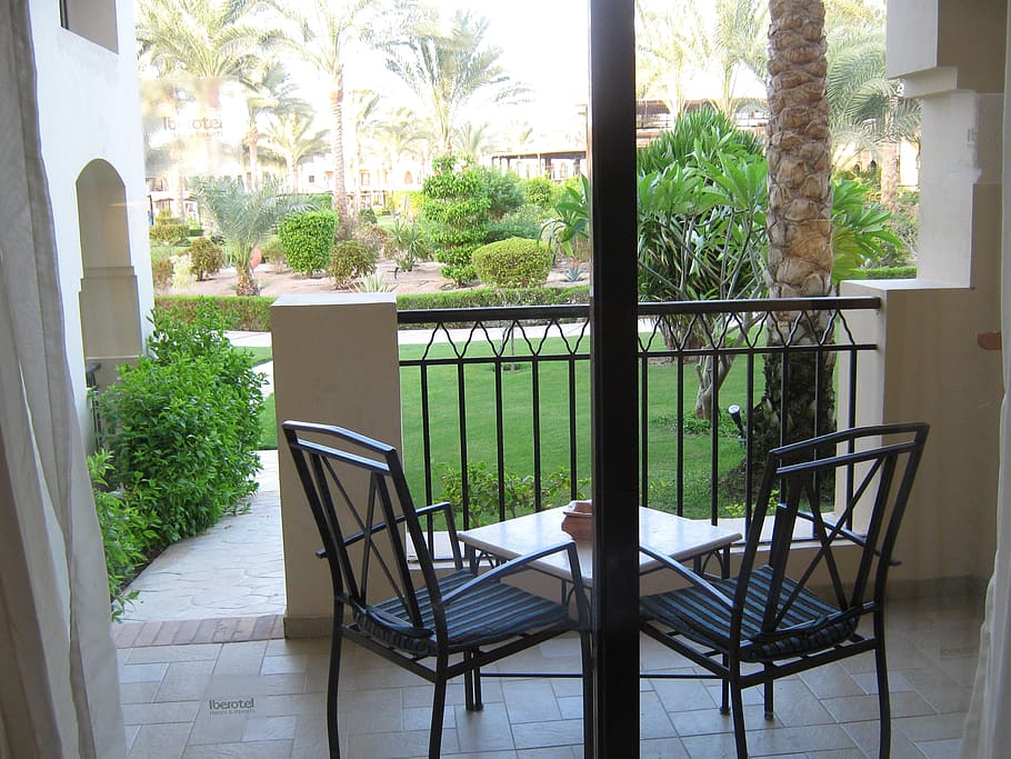 terraza, sillas, hotel, vista, al aire libre, resort, vacaciones, balcón, descanso, planta