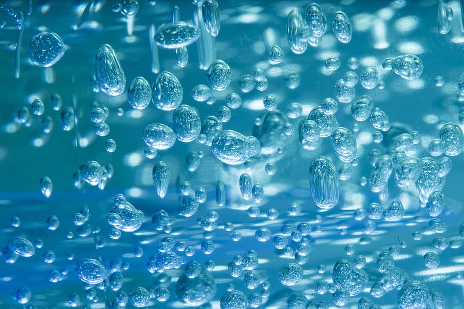 Micro, fotografía, agua, gotas, burbuja, aire, gota, abstracto, azul, patrón