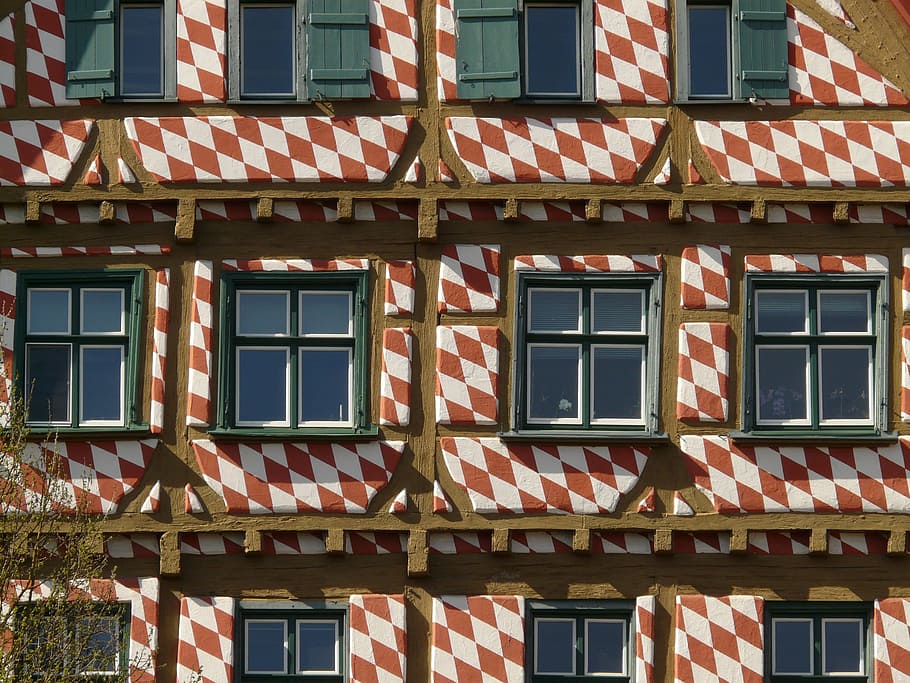 truss, fachwerkhaus, bar, entablature, home, facade, window, checkered, red white, red