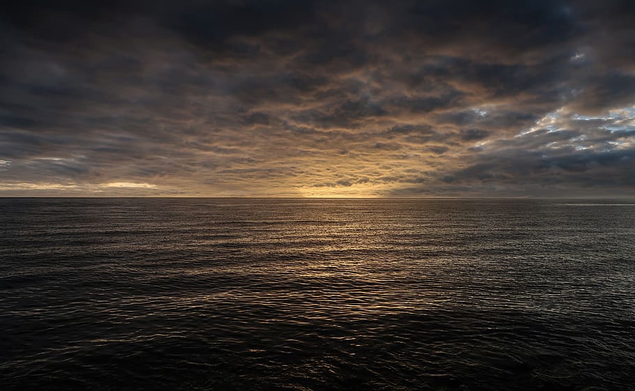 sunrise, sea, clouds, dark, gloomy, mystical, ocean, black, sun, water