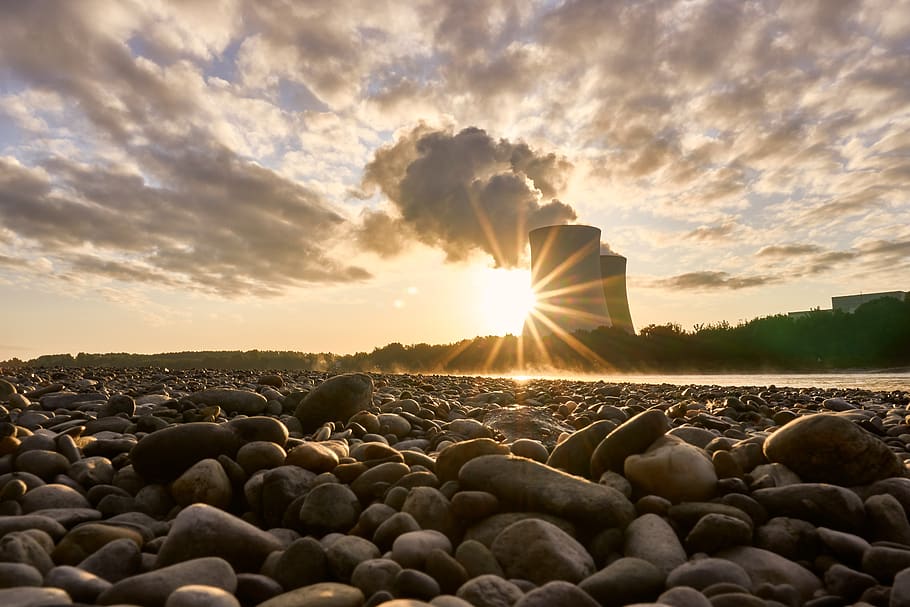 nuclear power plant, cooling tower, sunrise, mood, rhine, river, low tide, nuclear power, atomic energy, smoke
