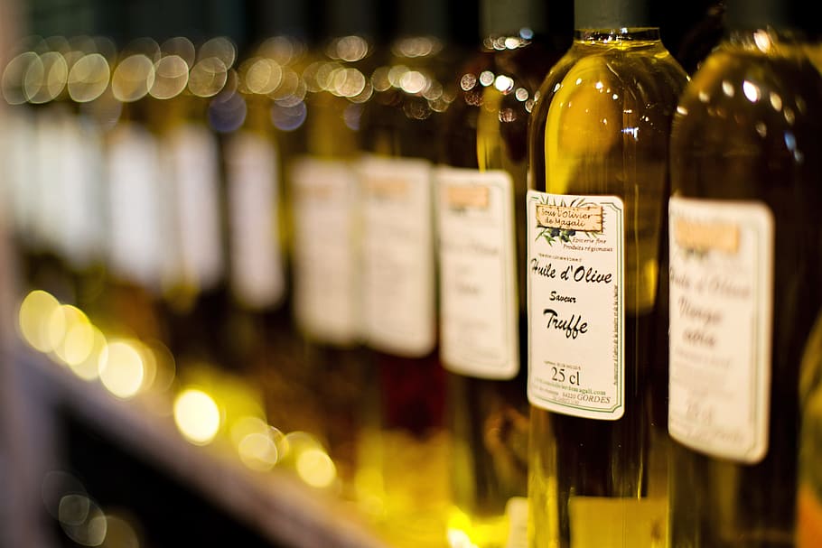 olive labeled bottle, olive oil, truffles oil, french oil, france, mediterranean, mushroom, gourmet, organic, condiment