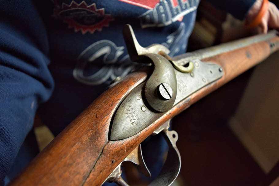 gun, musket, historical, historic, weapon, military, springfield, work tool, occupation, close-up