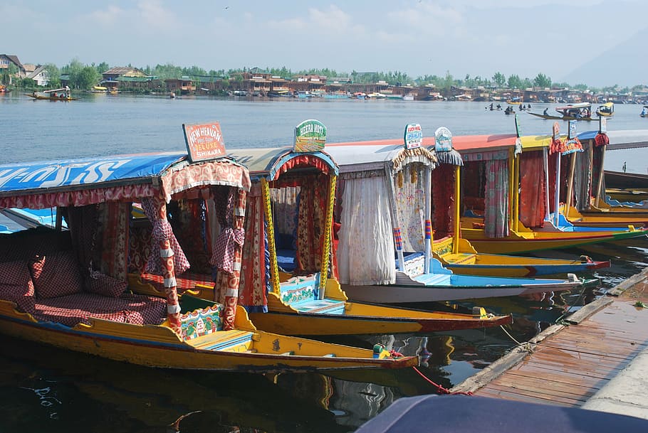 seven, yellow, boat, water, daytime, kashmir boat, house boat, indian boat house, nautical Vessel, cultures