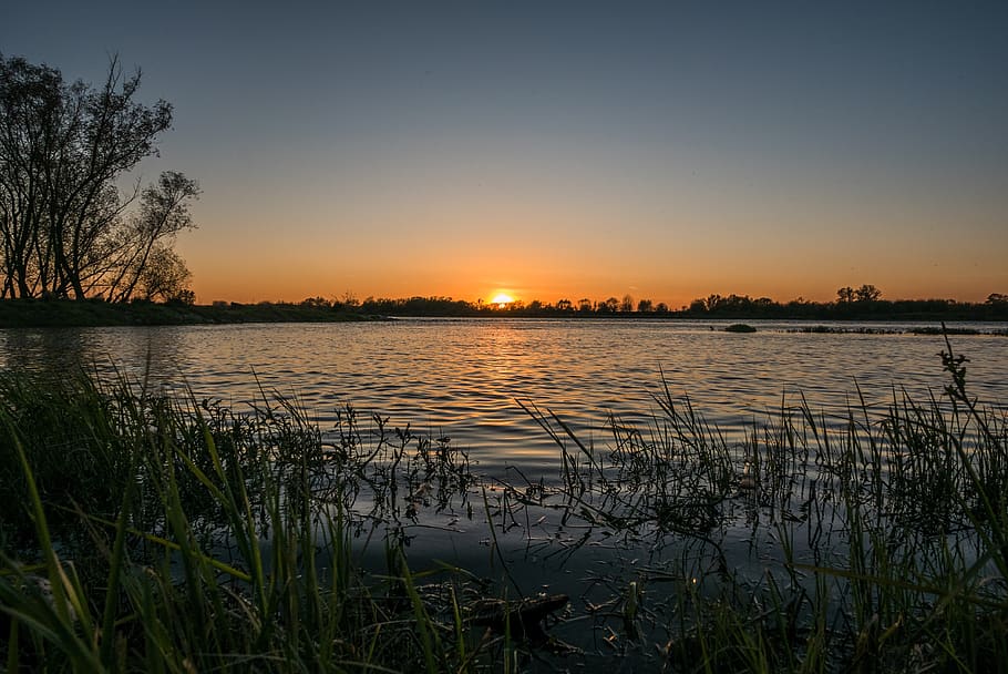 river, lake, sunset, water, waterscape, lakescape, nature, outdoor, grass, sky