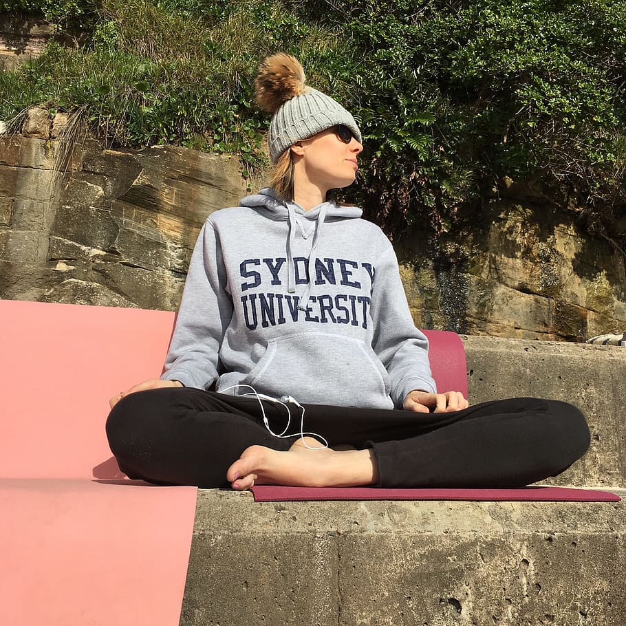 Meditation, Girl, Healthy, Yoga, outdoors, pose, lotus position, calm, hat, hoodie