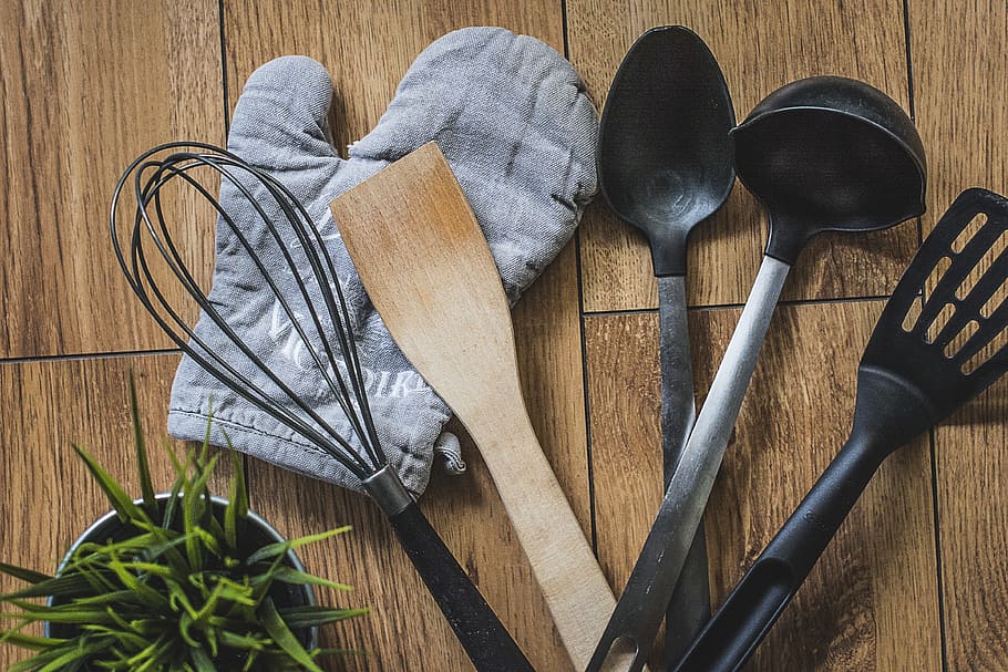 assorted, kitchen utensils, brown, wooden, top, kitchen, glove, plate, spoon, plastic