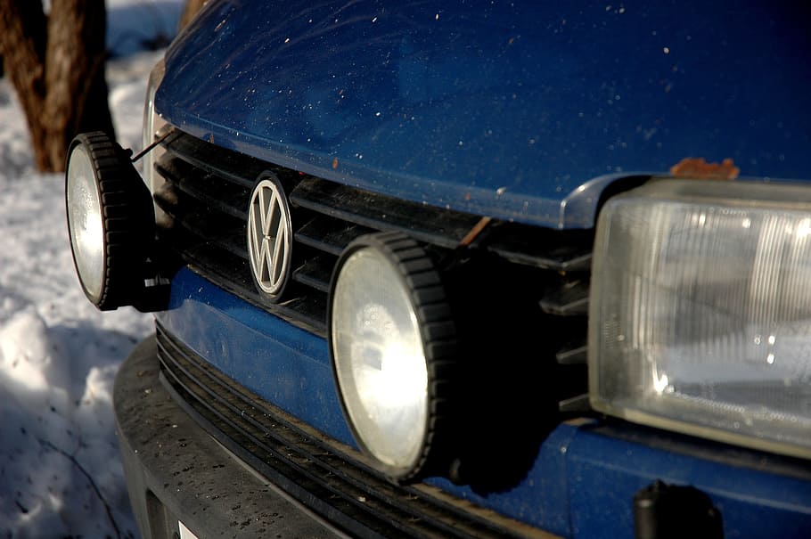 Volkswagen, carro azul, wolkkari, carro, van, velho, enferrujado, inverno, luzes, transporte
