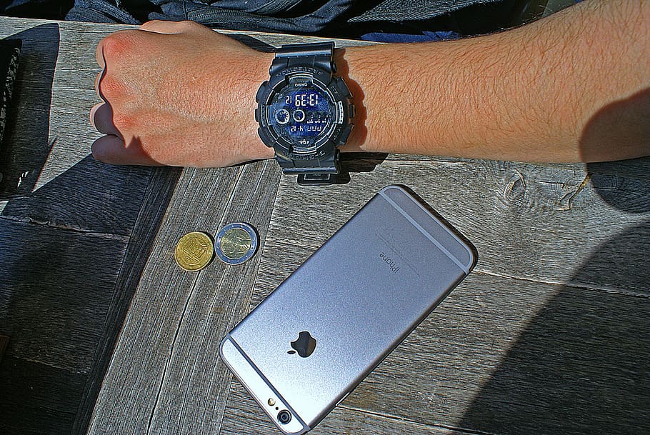 Hand, Forearm, Watch, the hand, wrist watches, coins, currency, iphone, money, dime