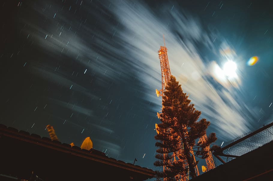 time lapse photography, tower, tree, time, lapse, photography, stars, galaxy, sky, night