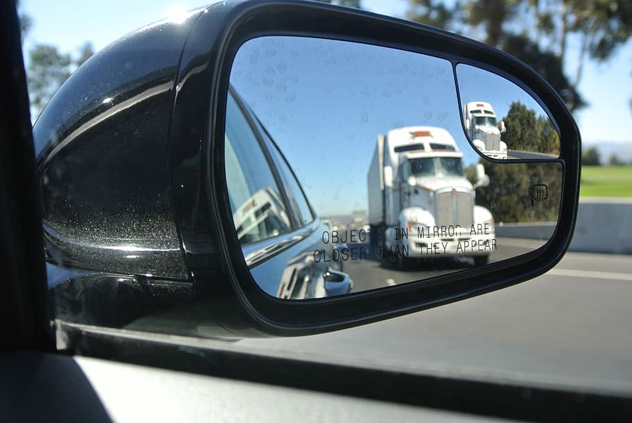 Rear View Mirror, Driving, Truck, rear view, looking back, highway, transport, traffic, motorway, way