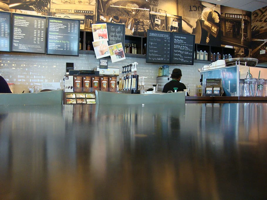 person, black, shirt, chalkboard, cafe, starbucks, coffee, restaurant, counter, diner