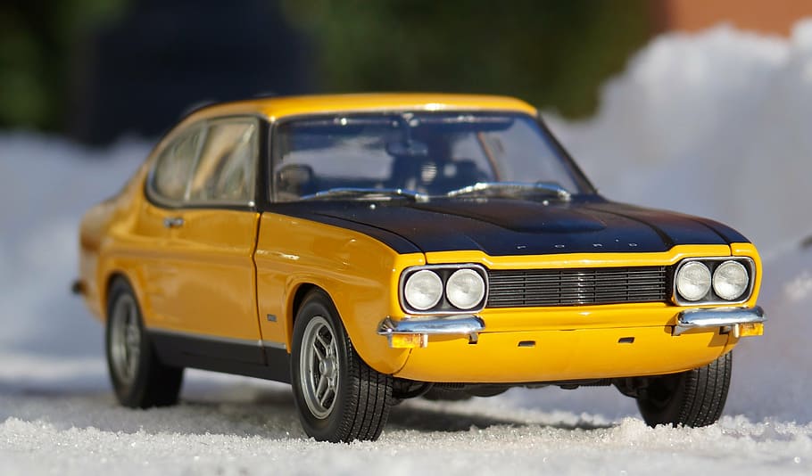 yellow, die-cast model car, auto, model car, ford, capri, vehicles, toys, model, snow