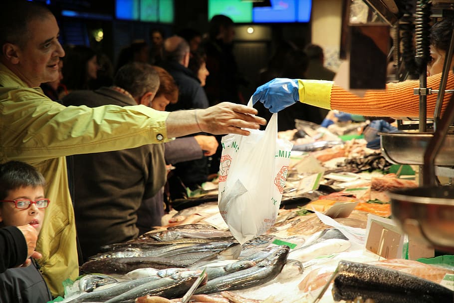 man, reaching, white, plastic bag, fish market, buy, seafood, fish, called rothmans, food