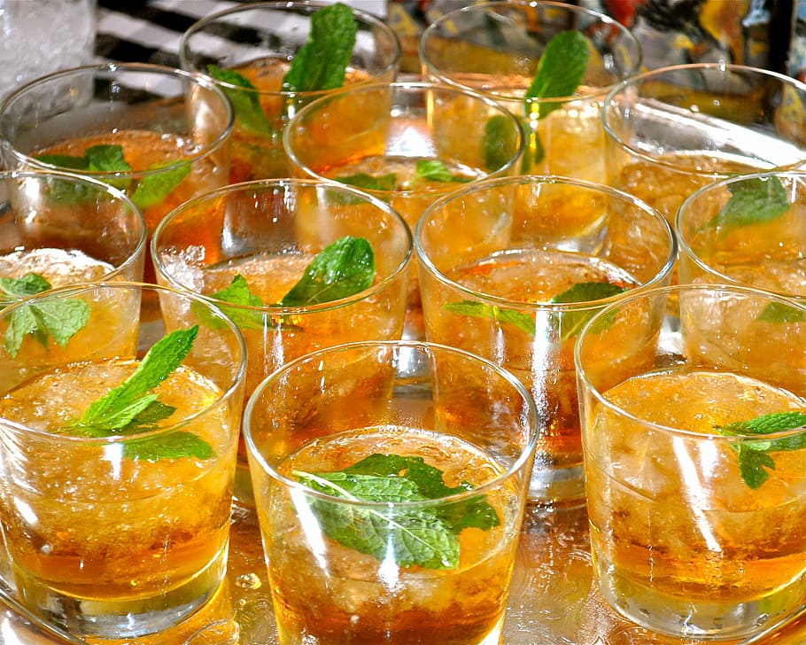 clear, shot glasses, yellow, liquid, drink, gray, metal tray, mint juleps, mint, alcohol
