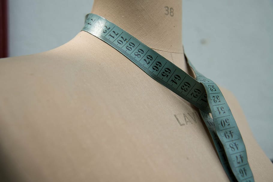 blue, tape measure, beige, mannequin, couture, fashion design, model, dress form, seamstress measuring tape, indoors
