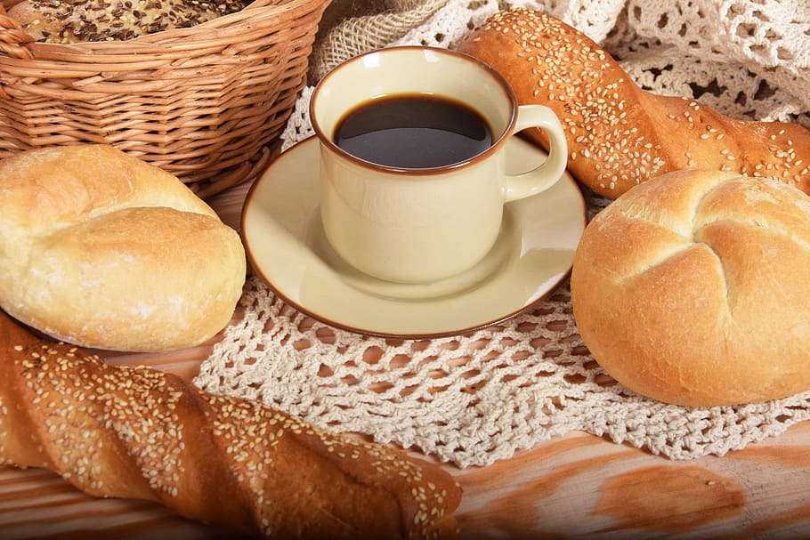 black, white, ceramic, mug, pastry breads, Bread, Coffee, Breakfast, food, freshness