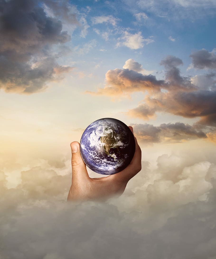 person, holding, earth, digital, wallpaper, globe, hand, clouds, sky, world
