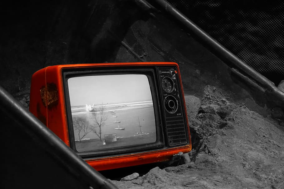 black, red, crt tv, turn, television, developing countries, building, black and white, car, land Vehicle